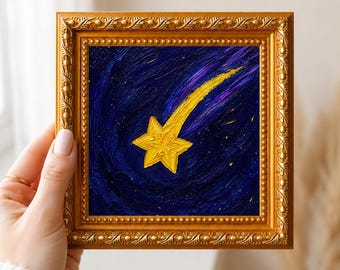 星空のミニ額入り油絵、手描きの小さな額入りアート、小さな壁飾り、ヴィンテージフレーム装飾、彼女へのユニークなアートギフト