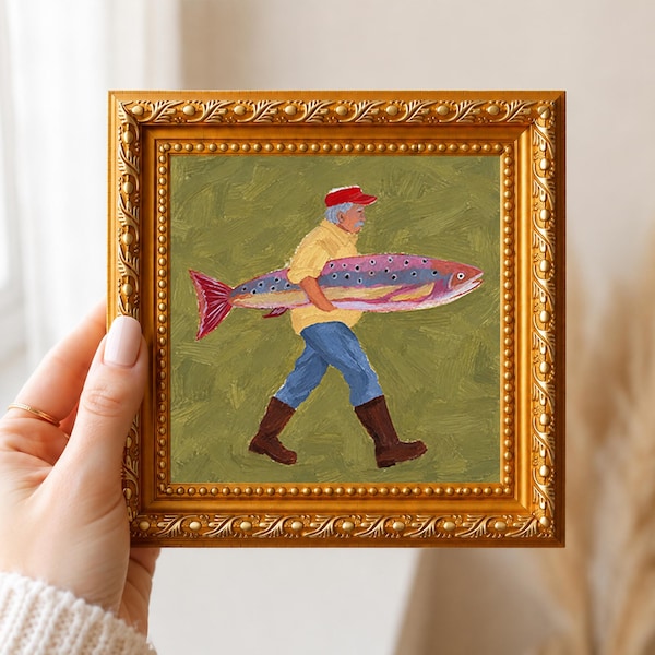 Pescatore con trota, mini dipinto ad olio originale, piccolo quadro incorniciato dipinto a mano, decorazione murale in miniatura, cornice vintage, regalo artistico unico per lei