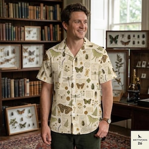 Dark Academia Insect Hawaiian Shirt, Vintage Moth Dragonfly Botanical Button Down, Nature Camp Collar Shirt