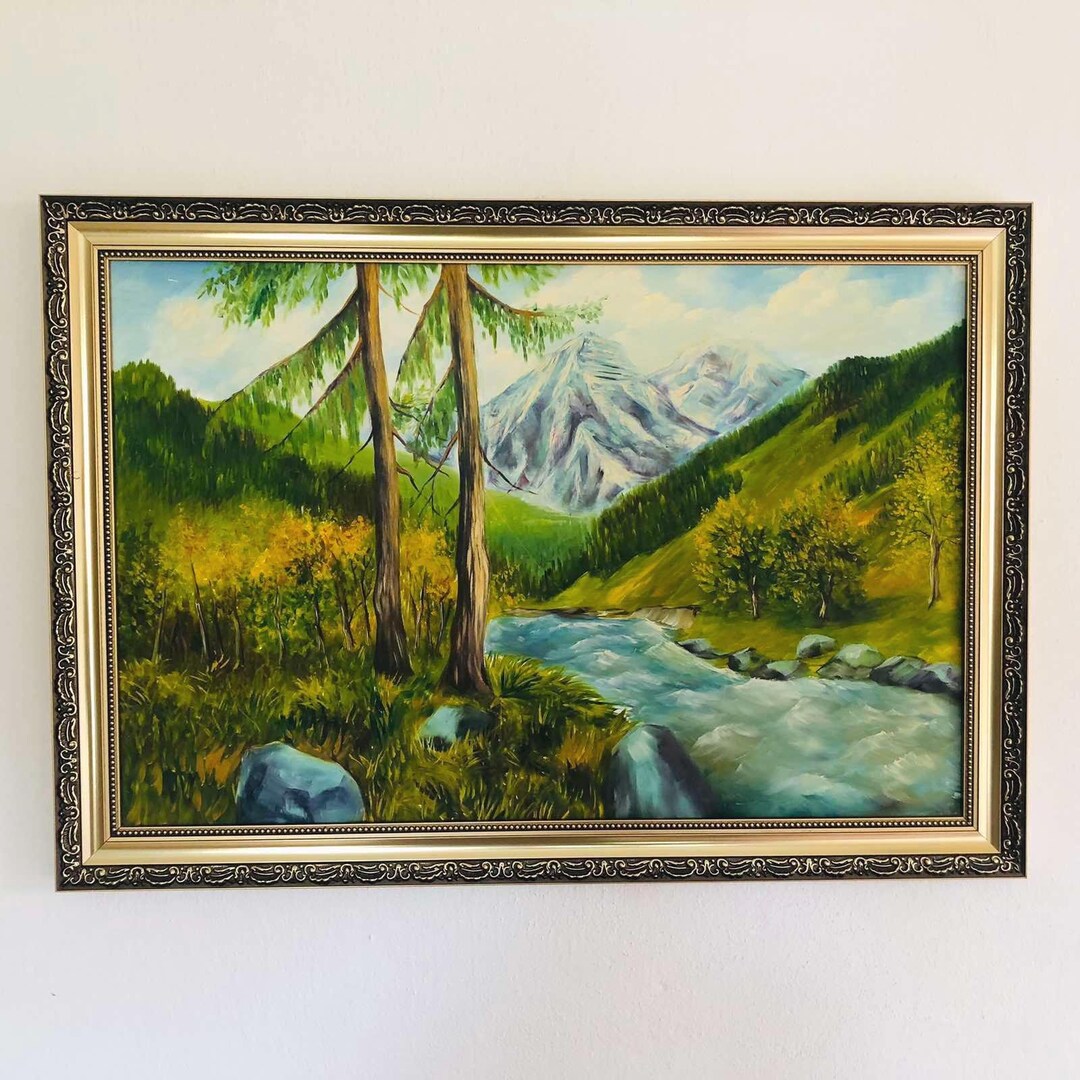 Large Original Oil Painting Mountain Landscape River Forest Framed Hand ...