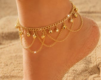 Bohemian Tassel Bell Anklet, Colorful Agate Ankle Bracelet, Beach Foot Jewelry for Women, Gold Plated Anklet, Summer Gift for Her