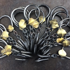 Puede incluir: Una colección de ganchos de metal negro con detalles en pan de oro. Los ganchos están dispuestos en forma de abanico y tienen un aspecto rústico y artesanal.
