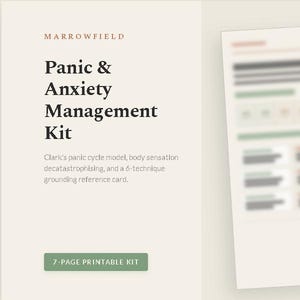 May include: A 7-page printable Panic & Anxiety Management Kit by Marrowfield. The document features Clark's panic cycle model, body sensation decatastrophizing, and a 6-technique grounding reference card with text in black on a light beige background.