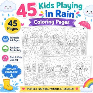 May include: A digital collection of 45 Kids Playing in Rain colouring pages featuring black and white line art illustrations of children in raincoats and boots. The set includes printable A4 pages, a fun rainy day activity, and instant download.