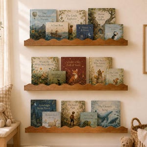 May include: Three wooden wall-mounted shelves with a scalloped front edge, each holding a collection of illustrated children's books. The shelves are arranged vertically on a plain wall, displaying titles like The Mapmaker's Dream and The Ocean's Song.