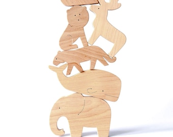 Holztier Stapelfiguren, Montessori Spielzeug - Zoo, Wald, Safari, Australisch, Ozean und Meer, Tiere auf dem Bauernhof