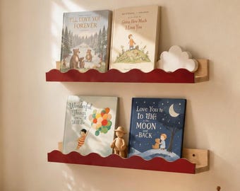 Red Scalloped Kids Bookshelf, Wooden Wall Shelf for Picture Books