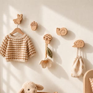 Wooden Woodland Nursery Wall Hooks – Bunny, Owl, Mushroom, Leaf, Butterfly Designs
