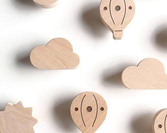 Nursery Dresser Knobs Cloud, Hot Air Balloon, Drawer Pull Moon - Kids Room Sky Decor