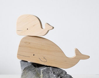 Jouet de baleine - Figurines de baleine en bois, mère et bébé - Décor de pépinière océanique