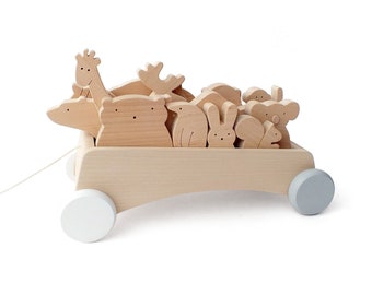 Wooden Pull Along Wagon - Personalized Pull Along Cart With Animals - Gift For Toddlers & Preschoolers