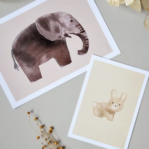 2 cartes de voeux pour enfants Mini impressions, décoration murale pour chambre d'enfant animaux, petite fille et garçon A6, A5 image 1