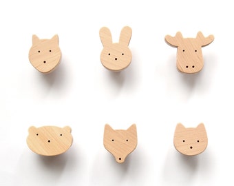 Nursery Drawer Pulls, Baby Dresser Knobs, Decorative Wooden Handles - Woodland Animals - Set of 6