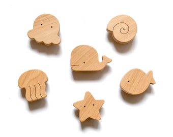 Nursery Knobs For Dresser - Ocean - Sea Creatures Kid's Furniture Handles - Whale, Fish, Octopus, Sea Star, Shell, Jellyfish - Set of 6