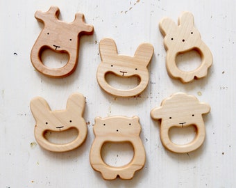 Baby Teether - Wooden Teething Toy - Deer, Bunny, Teddy Bear, Sheep - SAMPLE SALE