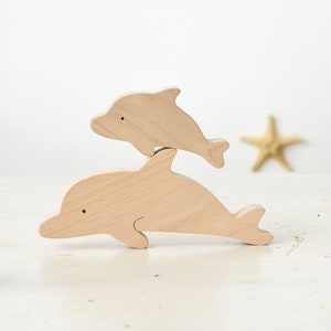 Wooden Dolphin Family Figurines - Mother Dolphin and Baby - Waldorf Wood Sea Animal Toys