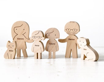 Figurines de famille en bois personnalisées - Portrait de famille personnalisé avec animaux de compagnie - Cadeau de famille