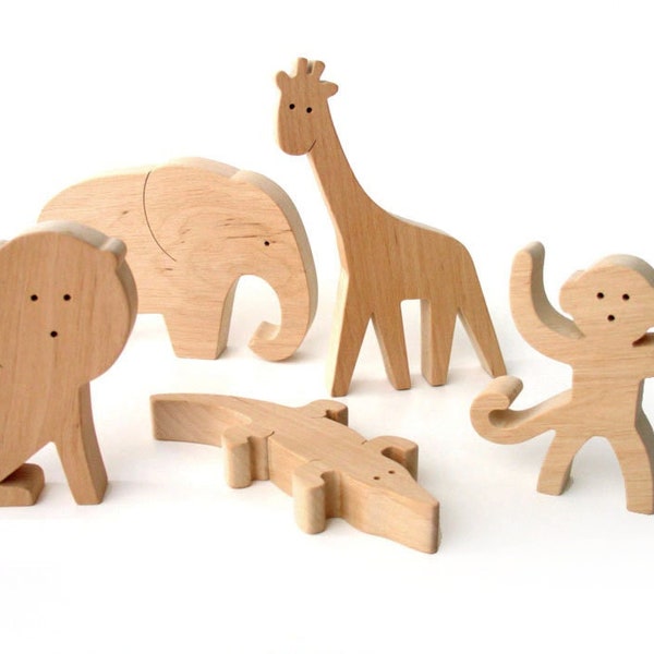 Wooden Safari Animals - Classic Wood Toys - Elephant, Lion, Monkey, Giraffe and Crocodile Wooden Figurines