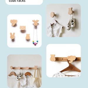 Puede incluir: Ganchos de pared y perchero de madera con dise&ntilde;os de animales. Los ganchos presentan una variedad de animales, incluyendo un oso, un alce, un conejo, un gato y un hipop&oacute;tamo. El perchero presenta un dise&ntilde;o de hipop&oacute;tamo y elefante. Los ganchos y el perchero est&aacute;n hechos de madera natural y tienen un acabado marr&oacute;n claro.