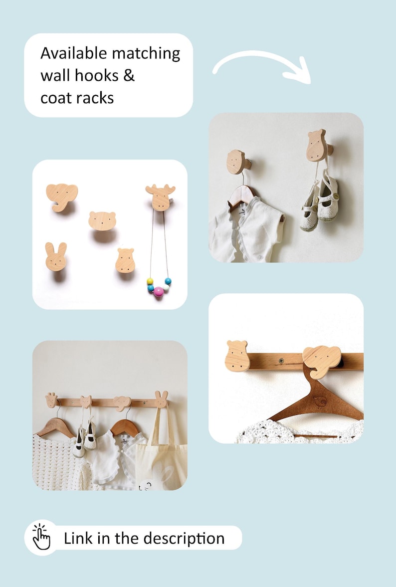 Puede incluir: Ganchos de pared y perchero de madera con dise&ntilde;os de animales. Los ganchos presentan una variedad de animales, incluyendo un oso, un alce, un conejo, un gato y un hipop&oacute;tamo. El perchero presenta un dise&ntilde;o de hipop&oacute;tamo y elefante. Los ganchos y el perchero est&aacute;n hechos de madera natural y tienen un acabado marr&oacute;n claro.