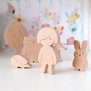 Natural Wooden Toy Set Girl and Forest Animals Creative Open-ended Personalized Woodland-Themed Toy for Girl image 2