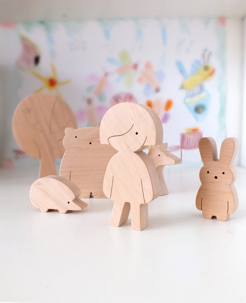 Natural Wooden Toy Set Girl and Forest Animals Creative Open-ended Personalized Woodland-Themed Toy for Girl image 2