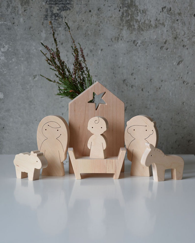 Modern, Minimalist Style Wooden Christmas Nativity Set of 7 pcs image 5