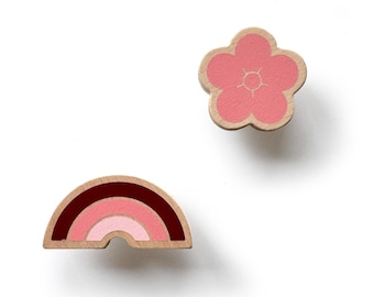 Tiradores de madera con diseño de flores rosas y arcoíris para la decoración de muebles de guardería.