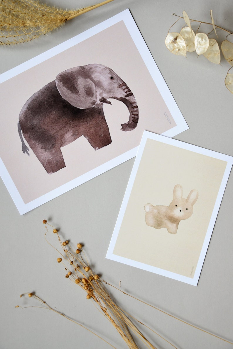 2 cartes de voeux pour enfants Mini impressions, décoration murale pour chambre d'enfant animaux, petite fille et garçon A6, A5 image 1