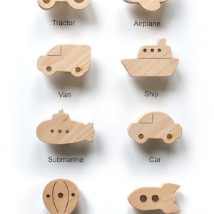 8 Vehicle Dresser Knobs - tractor, airplane, van, ship, submarine, car, hot air balloon, and rocket