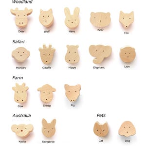Puede incluir: Ganchos de madera con forma de cabeza de animal en varios estilos, incluyendo bosque, safari, granja y mascotas. Cada gancho presenta un animal diferente, como un ciervo, un lobo, una liebre, un oso, un zorro, un mono, una jirafa, un hipop&oacute;tamo, un elefante, un le&oacute;n, una vaca, una oveja, un cerdo, un koala, un canguro, un gato y un perro.