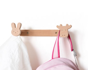 Coat Hooks Animals - Kids Wall Hooks - Customizable Baby Hanger, Wood Coat Rack, Montessori Hanger