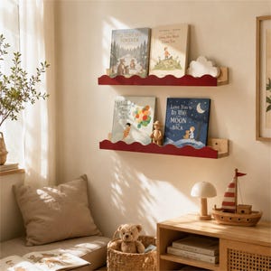 Boekenplank voor babyboeken, golvende houten wandplank voor prentenboeken