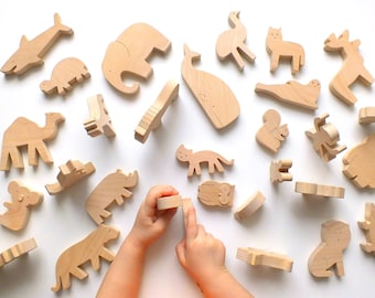 Animales de madera Waldorf - Juguetes de madera natural para niños pequeños, niños, preescolares - Conjunto de 2 animales CUALQUIER