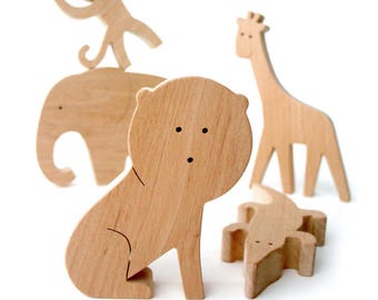 Wooden Safari Animals - Classic Wood Toys - Elephant, Lion, Monkey, Giraffe and Crocodile Wooden Figurines