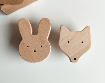 2x Boutons en bois Animaux pour tiroirs pour enfants, lapin et renard - VENTE D'ÉCHANTILLONS
