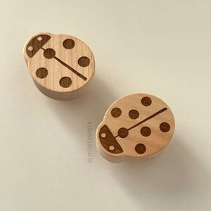 Könnte beinhalten: Zwei holzförmige Marienkäfer-Objekte. Jeder Marienkäfer hat einen hellbraunen Körper mit dunkelbraunen Punkten und einer Linie in der Mitte. Die Marienkäfer befinden sich auf einer hellfarbigen Oberfläche. Die Marienkäfer sind wahrscheinlich Dekorationsartikel.