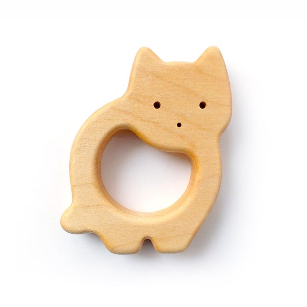 Wooden Baby Teether Cat - Natural Wood Teething Toy - Personalized Newborn Gift