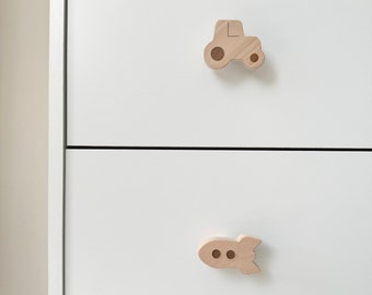 2x Wooden Vehicle Knobs: Rocket & Tractor Drawer Pulls