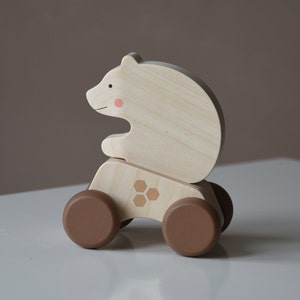 Wooden Push Toy for Toddler with Removable Animal 2 in 1 - Wood Toy Car - Bear
