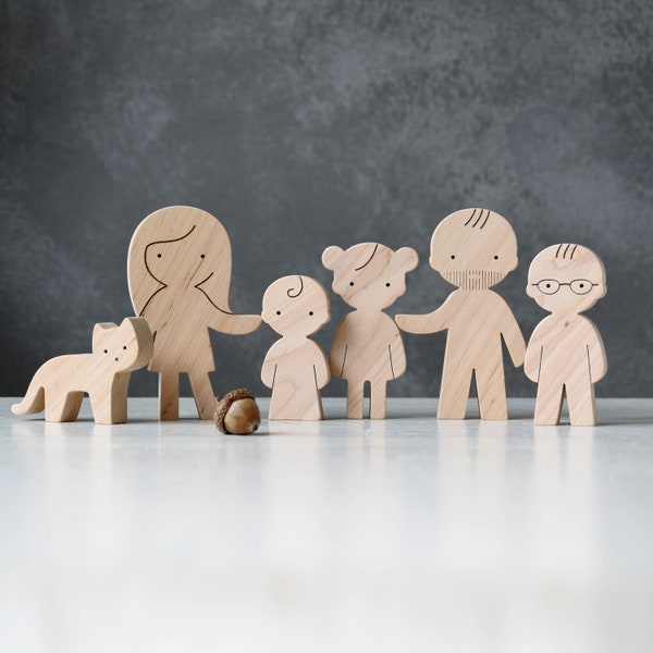 Familienfiguren aus Holz – Familienporträt mit Haustieren – Menschenfiguren aus Holz – Geschenk für Familie