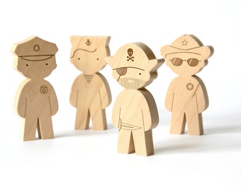 Figurines de personnages en bois - Pirate, policier, shérif, marin - Jeu de simulation éducatif pour les enfants