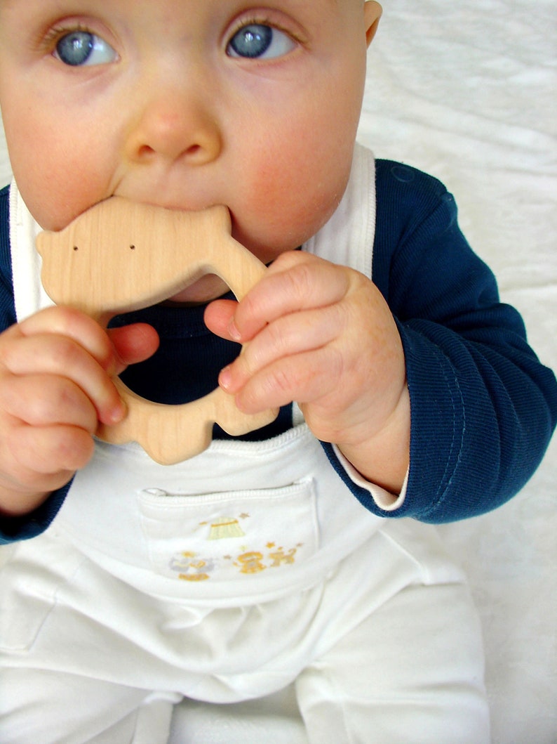 Organic Wooden Baby Teething Toy Natural Wooden Teether Teddy Bear New Baby gift image 3