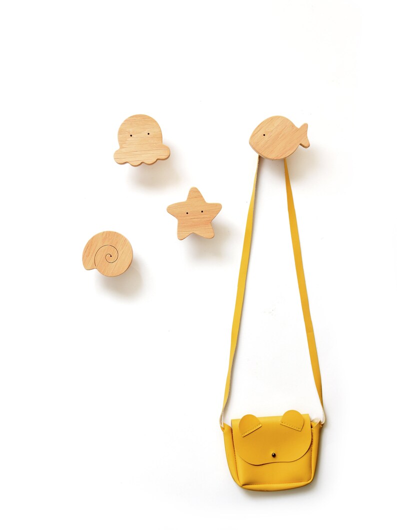 Wooden Wall Hooks for Kids Room - Ocean - Octopus, Whale, Jellyfish, Fish, Sea Star, Shell.