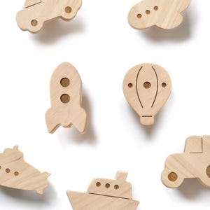Boy Nursery Wall Hooks, Transport Vehicle Wood Decor, Kids Rocket, Hot Air Balloon, Tractor, Car, Plane, Submarine, Ship Coat Hook