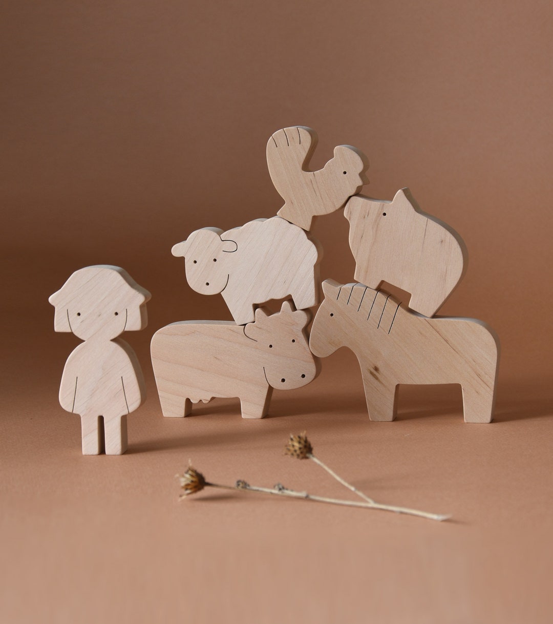 Wooden Farm Animal Toy Set With a Little Girl Exclusive Design Natural ...