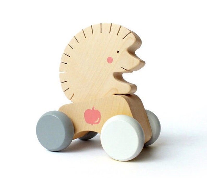 Wooden Vehicle Toy 2in1 Animal Toy on Wheels Hedgehog for Toddlers image 1