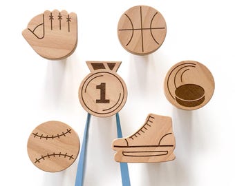 Kids Room Hooks: Sports Nursery Wood Wall Decor - Basketball, Football, Ice Hockey, Baseball, Tennis - 1 pcs