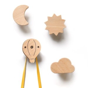 Wood Wall Hooks Sky - Nursery Hooks, Kids Coat Hooks - Moon, Cloud, Sun, Star, Hot Air Balloon - 1 pcs