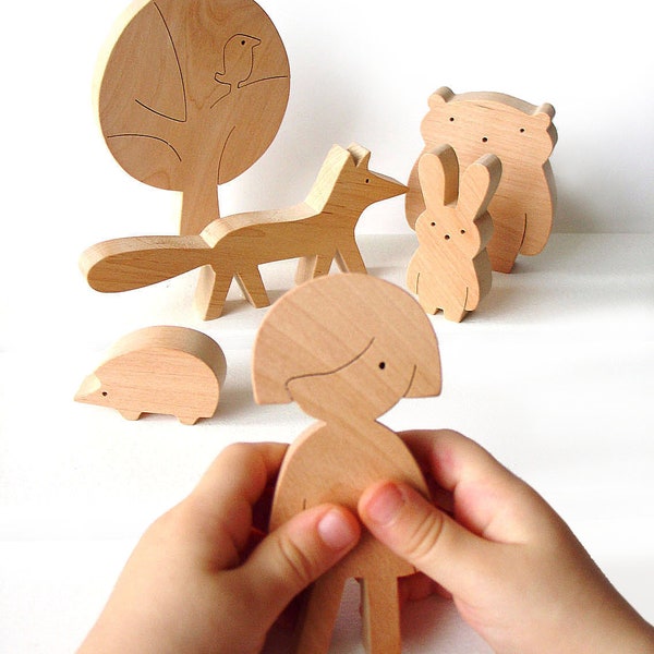Natural Wooden Toy Set - Girl and Forest Animals - Creative Open-ended Personalized Woodland-Themed Toy for Girl